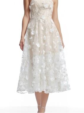 Dress the Population “Kailyn” Strapless Floral Appliqué Midi Dress | Ivory